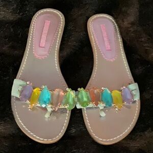 NEW Claudio Merazzi multi color large gem thong sandals, gold heels 39 8.5 9